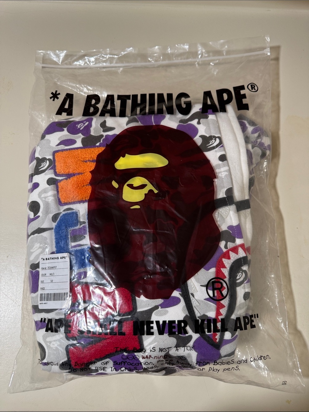 A Bathing Ape Purple Camo Jacket (double hoodie) with Shark Graphics